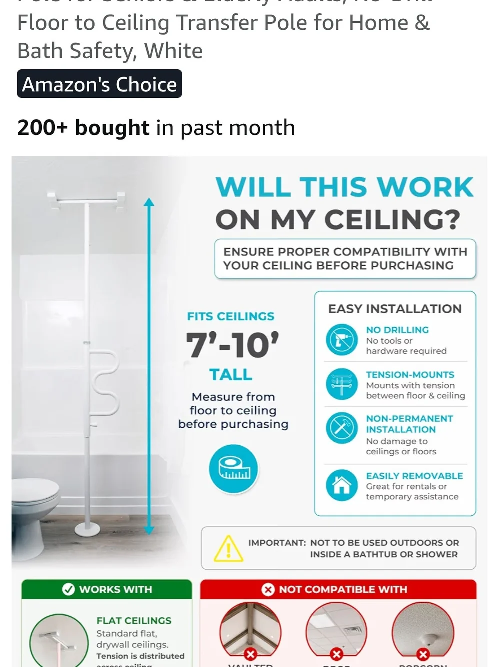 White Floor-to-Ceiling Transfer Pole with Ergonomic Handle - Home Bath